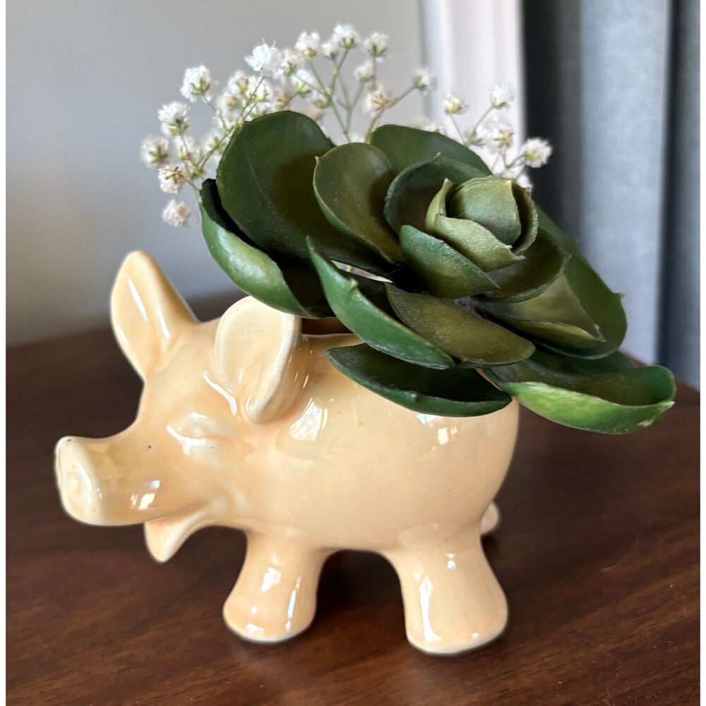 VTG Ceramic Planter Laughing Pig Figurine Farmhouse Decor Small Planter Kitsch